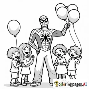 Spider-Man making balloon animals at a kids' party, surrounded by happy children.