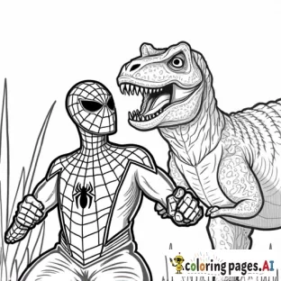 Spider-Man on a dinosaur safari, taking a selfie with a friendly T-Rex.