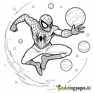 Spider-Man on a space adventure, floating in zero gravity with planets and stars in the background.