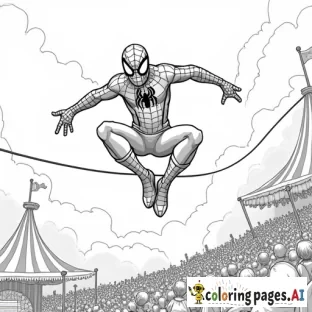 Spider-Man performing a high-wire act at a circus, balancing with his web as the audience watches.