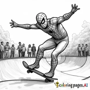 Spider-Man performing tricks at a skate park, impressing a group of onlookers.
