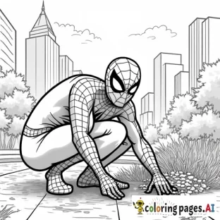 Spider-Man planting flowers in a public park, brightening up the cityscape.