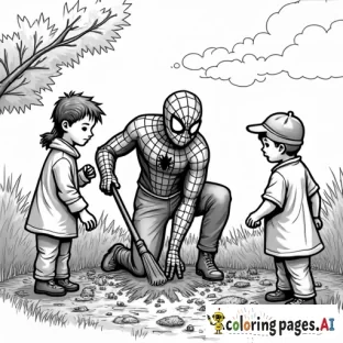 Spider-Man planting trees in a community garden, with neighbors and children helping.