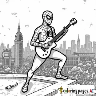 Spider-Man playing guitar on a rooftop during a nighttime city concert, with fans cheering below