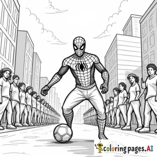 Spider-Man playing soccer in a city street, with local kids cheering him on.