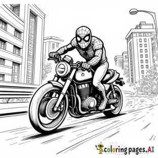 Spider-Man racing on a motorcycle, zooming through an urban highway at high speed.