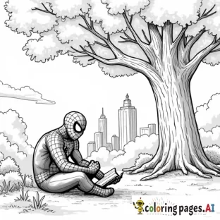 Spider-Man reading a book under a large, leafy tree in Central Park on a sunny afternoon.