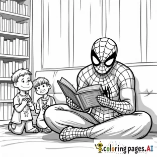 Spider-Man reading bedtime stories to a group of children at a library or community center.