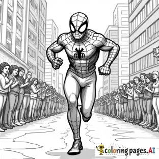 Spider-Man running a marathon through the city, passing cheering fans along the route.