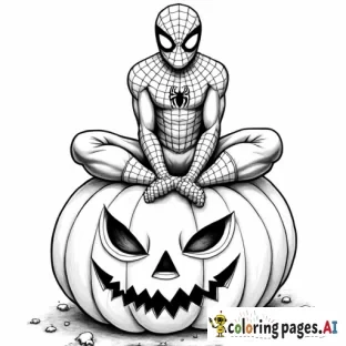 Spider-Man sitting on a giant pumpkin, celebrating Halloween with a carved pumpkin mask.