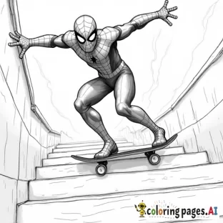 Spider-Man skateboarding down a long staircase, performing stunts as he goes