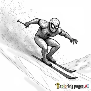 Spider-Man skiing down a snowy mountain, leaving a trail of snow behind.