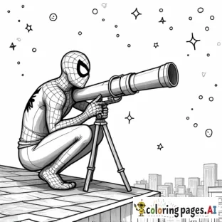 Spider-Man stargazing through a telescope on a rooftop, surrounded by constellations and stars.