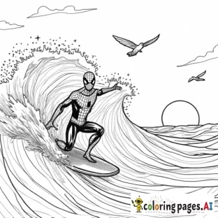 Spider-Man surfing on a massive ocean wave, with seagulls flying nearby and the sun setting in the background.