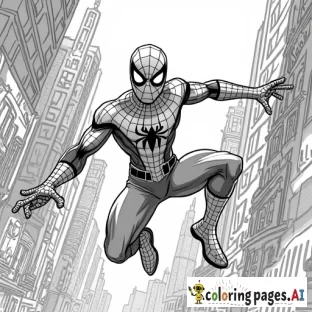 Spider-Man swinging between skyscrapers in a futuristic city filled with neon lights and flying cars
