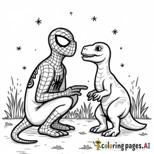 spiderman and 2 dinosaurs at a party