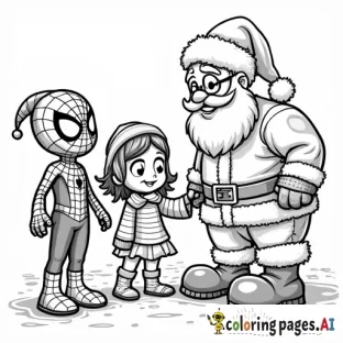 Spiderman and Santa visiting with Santa's elves