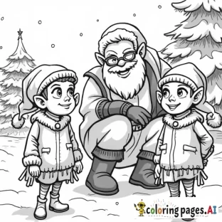 Spiderman and Santa visiting with Santa's elves, no grey scale