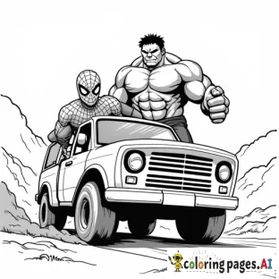 spiderman and the hulk driving a truck