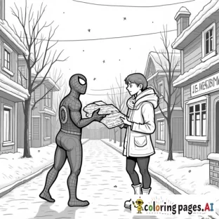 Spiderman handing out presents in a snowy town