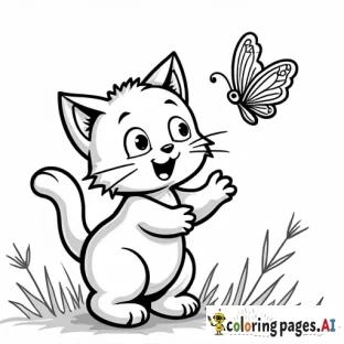 sweet cartoon cat chasing butterfly. black and white, line art, white background. plain white background. The outlines of all the subjects are bold black and easy to distinguish, making it simple for kids to color without too much difficulty.