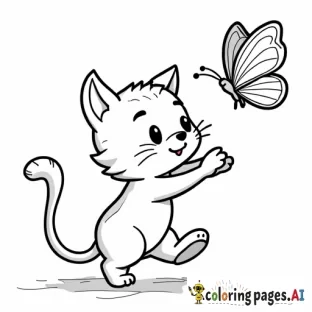 sweet cartoon cat chasing butterfly. black and white, line art, white background. plain white background. The outlines of all the subjects are bold black and easy to distinguish, making it simple for kids to color without too much difficulty.
