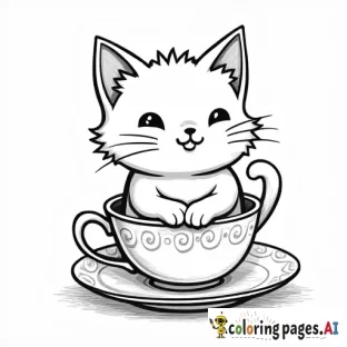 sweet cartoon cat in a decorative teacup. black and white, line art, white background. plain white background. The outlines of all the subjects are bold black and easy to distinguish, making it simple for kids to color without too much difficulty.