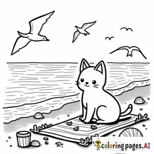sweet cartoon cat on a beach towel, watching seagulls by the sea. The scene includes seashells, beach toys, and gentle waves, all in clear lines for a fun, beachy coloring experience.. black and white, line art, white background. plain white background. The outlines of all the subjects are bold black and easy to distinguish, making it simple for kids to color without too much difficulty.