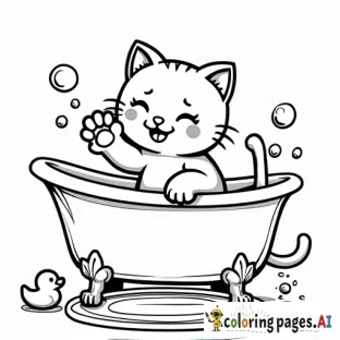 sweet playful cartoon cat pawing at floating bubbles while sitting by a clawfoot tub. Bubbles fill the scene, along with details like a rubber duck, a bath mat, and little droplets of water.  all in clear lines for a fun, coloring experience.. black and white, line art, white background. plain white background. The outlines of all the subjects are bold black and easy to distinguish, making it simple for kids to color without too much difficulty.