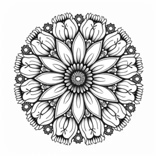 "Symmetrical mandala design centered around daisies, each petal carefully outlined and filled with fine details. The petals radiate outward, surrounded by spirals and circular patterns that add depth and texture. The design incorporates small vines, leaves, and delicate dots that fill the space around the daisies. The overall design is clean, detailed, and peaceful, perfect for a relaxing, mindful coloring experience."