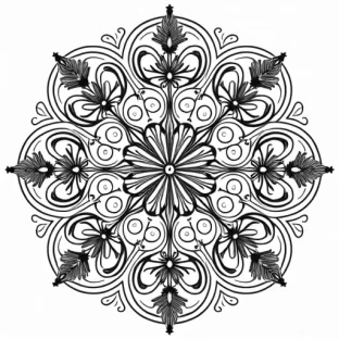 "Symmetrical mandala design with clusters of lavender sprigs forming the central structure. Each lavender flower is finely detailed, with small leaves and delicate stems. Surrounding the lavender are intricate spirals, geometric shapes, and swirling lines that add movement and flow to the design. The outer edges feature soft, repeating patterns of smaller floral motifs, creating a calming and balanced design ideal for coloring."