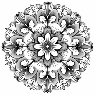 "Symmetrical mandala design with delicate flowers at the center, each surrounded by swirling petals, intricate leaves, and butterfly accents. The butterflies are detailed with fine, lacy wings, flying between the flowers. The outer edges of the mandala feature soft, flowing vines and small, intricate floral motifs, creating a peaceful, harmonious atmosphere. The design is clean, precise, and inviting for adult coloring."