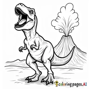 T rex roaring with a volcano in the background erupting