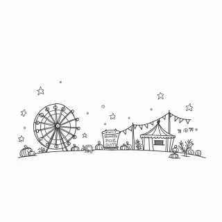 A lively fall fair with a big Ferris wheel, food stalls, and a petting zoo. Children are eating caramel apples and cotton candy, while parents are watching a pie-eating contest. There are pumpkins and hay bales decorating the fairground, and colorful banners and flags fluttering in the wind.
