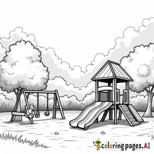 The illustration should be in [SUPER SIMPLE], black and white, bold line art with a clear, mostly empty background. [INCLUDES ONLY OUTLINES WITH NO FILLED IN BLACK AREAS], ensuring no shading, no complex images, and making it very easy to color in between the lines. Depict a park playground with swings, slides, and a few children playing.