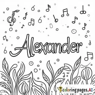 The name Alexander in a field of music notes and Aquarius astrology signs
