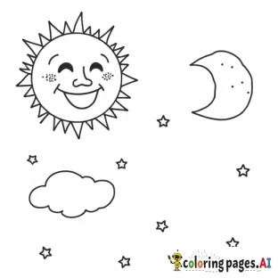 The sun smiling in a daytime sky and the moon with stars in the nighttime sky