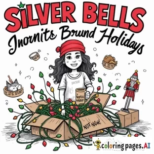 Thinking as a stressed-out mom of two screaming kids, create a chaotic holidays scene. The image has the title "Silver Bells, the Turkey Smells, a Migraine's on the Way". The central image is a tangled mess of Christmas lights with only a portion of them working. The lights are spilling out of a box. The woman is holding a mug that says "Save Me" or "Not Now". Surround the main image with subtle, festive images such as a very burnt turkey, a spilled cup of eggnog, a cat ripping open a present, and a broken nutcracker. Use bold, playful fonts for the title. Use bold, playful fonts for the subtitle called "A Survival Guide for the Holidays". The title and subtitle should stand out against a vibrant holiday-themed backdrop in warm, cozy colors like red, green, and gold. The vibe should feel fun, approachable, full of personality, and yet a bit chaotic, instantly conveying the book's lighthearted take on holiday survival.