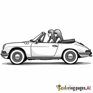 Three girls in convertible, at a 45 degree angle, black only, American, long hair on them all