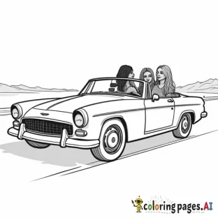 Three girls in convertible, at a 45 degree angle, black only, American, long hair on them all