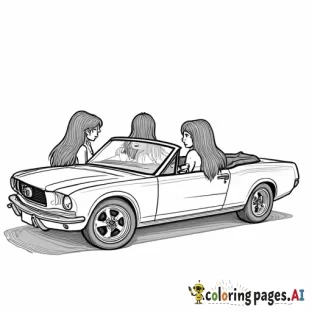 Three girls in convertible, at a 45 degree angle, black only, American, long hair on them all