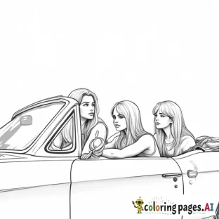 Three girls in convertible, at a 45 degree angle, black only, American, long hair on them all