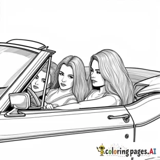 Three girls in convertible, at a 45 degree angle, black only, American, long hair on them all