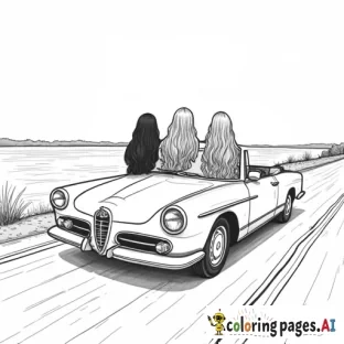 Three girls in convertible, at a 45 degree angle, black only, American, long hair on them all