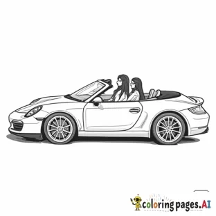 Three girls in convertible, at a 45 degree angle, simple, non-anime, long hair on them all