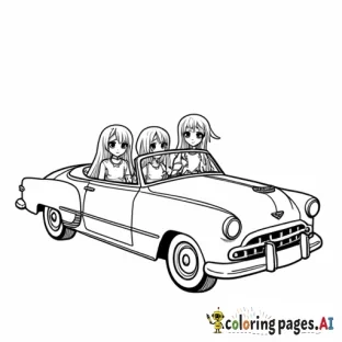 Three girls in convertible, at a 45 degree angle, simple, non-anime, long hair on them all