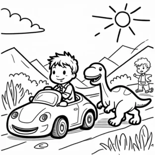 Timur, a 3-year-old boy with short blonde hair, is driving a colorful toy car with a big smile on his face. Right next to him, a friendly dinosaur with soft features is walking alongside, its tail gently swaying as they go on an adventure together. Another child is waving from a distance, and in the background, there are playful trees and mountains, with the sun shining brightly. The dinosaur and car are designed with simple, fun shapes, making it an exciting scene for kids to color, filled with action and imagination."