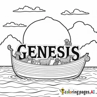 the word "GENESIS" with animals on an Ark on the ocean with mountains in the background
