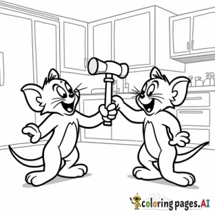 Tom and Jerry, hitting each other with hammers, comic book style, in a kitchen