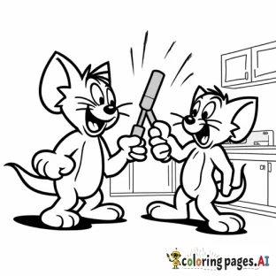 Tom and Jerry hitting each other with hammers, comic book style, in a kitchen